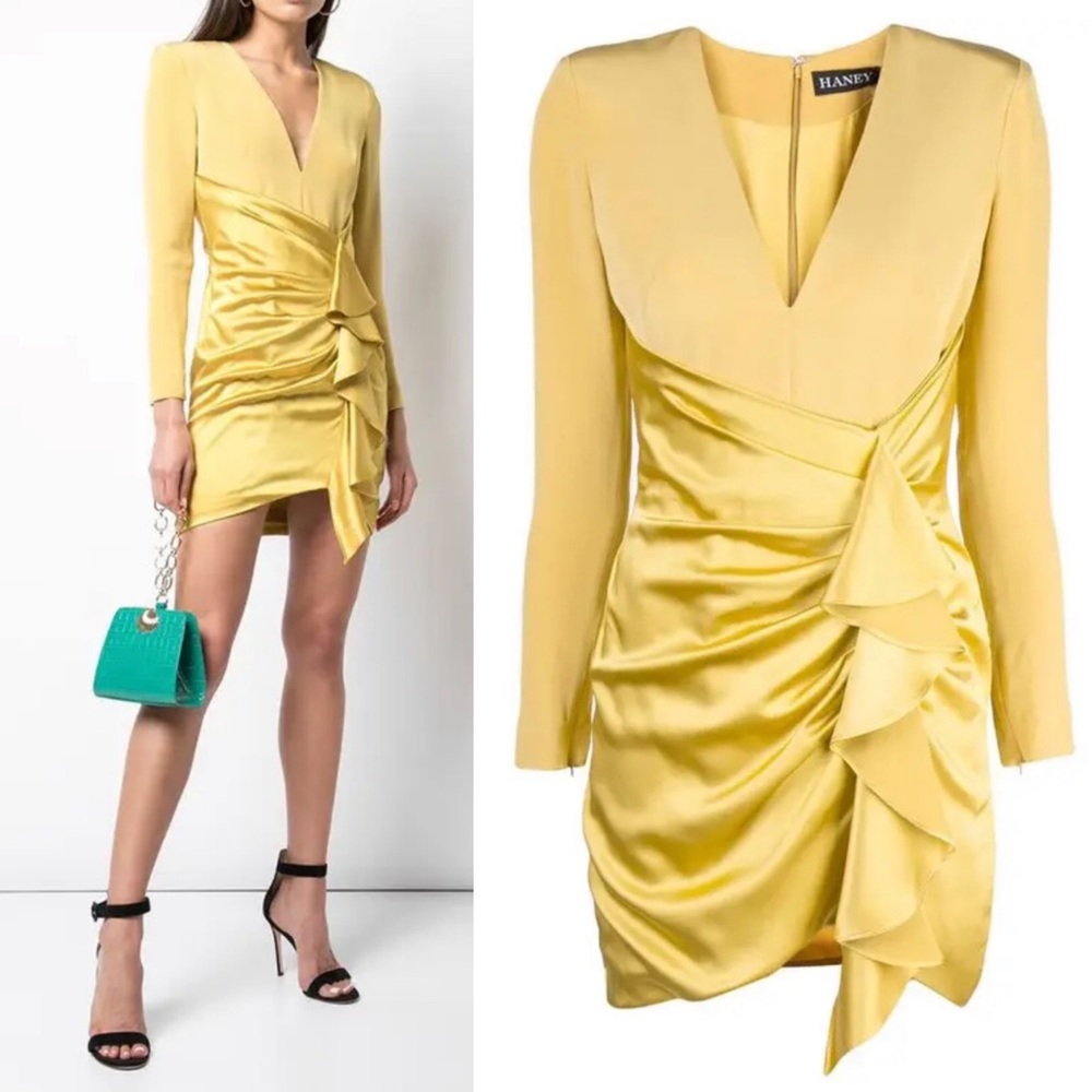 HANEY Designer 100% Silk Yellow Lilly Mini Dress
